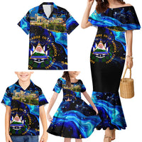 El Salvador Country Pride Family Matching Mermaid Dress and Hawaiian Shirt Map Flag and National Emblem Art in Cosmic Blue - Wonder Print Shop