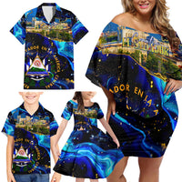 El Salvador Country Pride Family Matching Off Shoulder Short Dress and Hawaiian Shirt Map Flag and National Emblem Art in Cosmic Blue - Wonder Print Shop