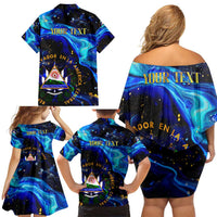 El Salvador Country Pride Family Matching Off Shoulder Short Dress and Hawaiian Shirt Map Flag and National Emblem Art in Cosmic Blue - Wonder Print Shop