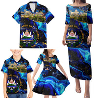 El Salvador Country Pride Family Matching Puletasi and Hawaiian Shirt Map Flag and National Emblem Art in Cosmic Blue - Wonder Print Shop