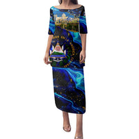 El Salvador Country Pride Family Matching Puletasi and Hawaiian Shirt Map Flag and National Emblem Art in Cosmic Blue - Wonder Print Shop