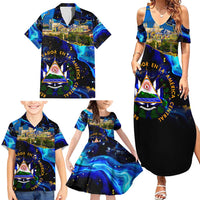 El Salvador Country Pride Family Matching Summer Maxi Dress and Hawaiian Shirt Map Flag and National Emblem Art in Cosmic Blue - Wonder Print Shop