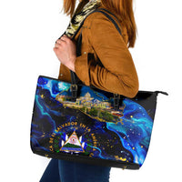 El Salvador Country Pride Leather Tote Bag Map Flag and National Emblem Art in Cosmic Blue - Wonder Print Shop