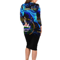El Salvador Country Pride Long Sleeve Bodycon Dress Map Flag and National Emblem Art in Cosmic Blue - Wonder Print Shop