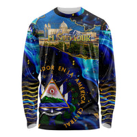 El Salvador Country Pride Long Sleeve Shirt Map Flag and National Emblem Art in Cosmic Blue - Wonder Print Shop