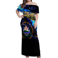 El Salvador Country Pride Off Shoulder Maxi Dress Map Flag and National Emblem Art in Cosmic Blue - Wonder Print Shop