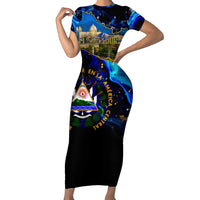 El Salvador Country Pride Short Sleeve Bodycon Dress Map Flag and National Emblem Art in Cosmic Blue - Wonder Print Shop
