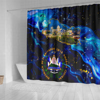 El Salvador Country Pride Shower Curtain Map Flag and National Emblem Art in Cosmic Blue - Wonder Print Shop