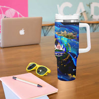 El Salvador Country Pride Tumbler With Handle Map Flag and National Emblem Art in Cosmic Blue - Wonder Print Shop