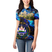 El Salvador Country Pride Women Polo Shirt Map Flag and National Emblem Art in Cosmic Blue - Wonder Print Shop