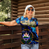 El Salvador Country Pride Women Polo Shirt Map Flag and National Emblem Art in Cosmic Blue - Wonder Print Shop