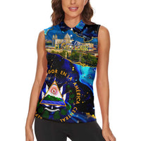 El Salvador Country Pride Women Sleeveless Polo Shirt Map Flag and National Emblem Art in Cosmic Blue - Wonder Print Shop