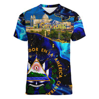 El Salvador Country Pride Women V-Neck T-Shirt Map Flag and National Emblem Art in Cosmic Blue - Wonder Print Shop