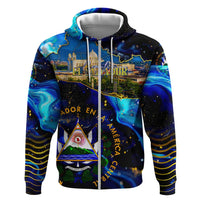 El Salvador Country Pride Zip Hoodie Map Flag and National Emblem Art in Cosmic Blue - Wonder Print Shop