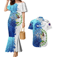 The Deep Heart Of Belize Couples Matching Mermaid Dress and Hawaiian Shirt Belize Abstract Heritage Ocean Blue Splash Art - Wonder Print Shop