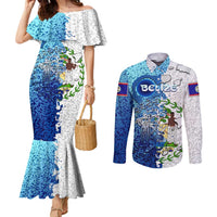 The Deep Heart Of Belize Couples Matching Mermaid Dress and Long Sleeve Button Shirt Belize Abstract Heritage Ocean Blue Splash Art - Wonder Print Shop