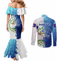 The Deep Heart Of Belize Couples Matching Mermaid Dress and Long Sleeve Button Shirt Belize Abstract Heritage Ocean Blue Splash Art - Wonder Print Shop