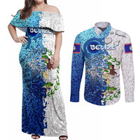 The Deep Heart Of Belize Couples Matching Off Shoulder Maxi Dress and Long Sleeve Button Shirt Belize Abstract Heritage Ocean Blue Splash Art - Wonder Print Shop
