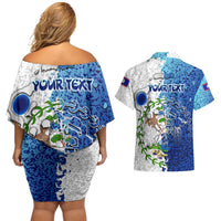 The Deep Heart Of Belize Couples Matching Off Shoulder Short Dress and Hawaiian Shirt Belize Abstract Heritage Ocean Blue Splash Art - Wonder Print Shop