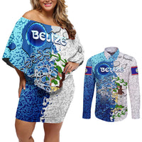 The Deep Heart Of Belize Couples Matching Off Shoulder Short Dress and Long Sleeve Button Shirt Belize Abstract Heritage Ocean Blue Splash Art - Wonder Print Shop