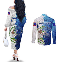 The Deep Heart Of Belize Couples Matching Off The Shoulder Long Sleeve Dress and Long Sleeve Button Shirt Belize Abstract Heritage Ocean Blue Splash Art - Wonder Print Shop