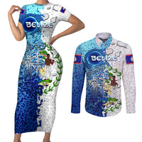 The Deep Heart Of Belize Couples Matching Short Sleeve Bodycon Dress and Long Sleeve Button Shirt Belize Abstract Heritage Ocean Blue Splash Art - Wonder Print Shop