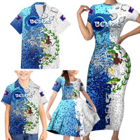 The Deep Heart Of Belize Family Matching Short Sleeve Bodycon Dress and Hawaiian Shirt Belize Abstract Heritage Ocean Blue Splash Art - Wonder Print Shop