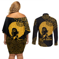 Educated Black Queen Couples Matching Off Shoulder Short Dress and Long Sleeve Button Shirts African Women - Wonder Print Shop
