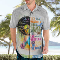 Light gray Hawaiian shirt with short sleeves and colorful front graphic; worn by a man.