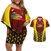 Personalised Guyana Cricket Amazon Warriors Couples Matching Off Shoulder Short Dress and Hawaiian Shirt Unleashing the Power Battle Mode