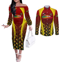 Personalised Guyana Cricket Amazon Warriors Couples Matching Off The Shoulder Long Sleeve Dress and Long Sleeve Button Shirt Unleashing the Power Battle Mode