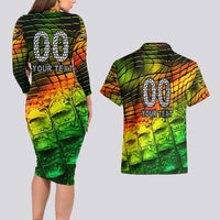 Personalised Jamaica Cricket Tallawahs Couples Matching Long Sleeve Bodycon Dress and Hawaiian Shirt Striking with Reggae Firepower