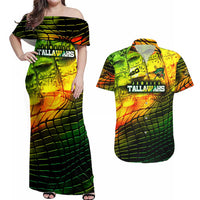 Personalised Jamaica Cricket Tallawahs Couples Matching Off Shoulder Maxi Dress and Hawaiian Shirt Striking with Reggae Firepower
