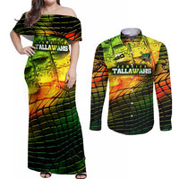 Personalised Jamaica Cricket Tallawahs Couples Matching Off Shoulder Maxi Dress and Long Sleeve Button Shirt Striking with Reggae Firepower