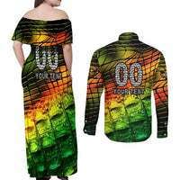 Personalised Jamaica Cricket Tallawahs Couples Matching Off Shoulder Maxi Dress and Long Sleeve Button Shirt Striking with Reggae Firepower
