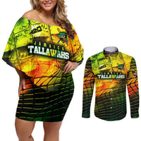 Personalised Jamaica Cricket Tallawahs Couples Matching Off Shoulder Short Dress and Long Sleeve Button Shirt Striking with Reggae Firepower