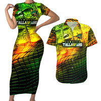 Personalised Jamaica Cricket Tallawahs Couples Matching Short Sleeve Bodycon Dress and Hawaiian Shirt Striking with Reggae Firepower