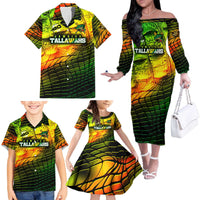 Personalised Jamaica Cricket Tallawahs Family Matching Off The Shoulder Long Sleeve Dress and Hawaiian Shirt Striking with Reggae Firepower