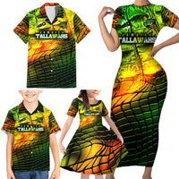 Personalised Jamaica Cricket Tallawahs Family Matching Short Sleeve Bodycon Dress and Hawaiian Shirt Striking with Reggae Firepower