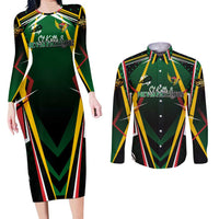 Personalised St Kitts and Nevis Cricket Patriots Couples Matching Long Sleeve Bodycon Dress and Long Sleeve Button Shirt Rising with Caribbean Battlefield