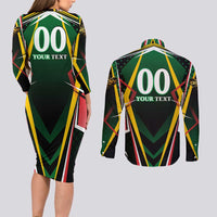 Personalised St Kitts and Nevis Cricket Patriots Couples Matching Long Sleeve Bodycon Dress and Long Sleeve Button Shirt Rising with Caribbean Battlefield