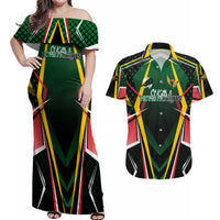 Personalised St Kitts and Nevis Cricket Patriots Couples Matching Off Shoulder Maxi Dress and Hawaiian Shirt Rising with Caribbean Battlefield