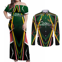 Personalised St Kitts and Nevis Cricket Patriots Couples Matching Off Shoulder Maxi Dress and Long Sleeve Button Shirt Rising with Caribbean Battlefield