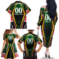 Personalised St Kitts and Nevis Cricket Patriots Family Matching Off The Shoulder Long Sleeve Dress and Hawaiian Shirt Rising with Caribbean Battlefield