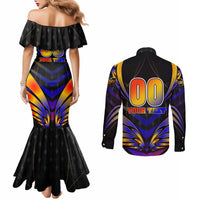 Personalised Antigua and Barbuda Cricket Falcons Couples Matching Mermaid Dress and Long Sleeve Button Shirt Wings of Glory