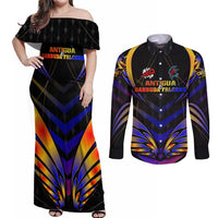 Personalised Antigua and Barbuda Cricket Falcons Couples Matching Off Shoulder Maxi Dress and Long Sleeve Button Shirt Wings of Glory