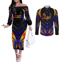 Personalised Antigua and Barbuda Cricket Falcons Couples Matching Off The Shoulder Long Sleeve Dress and Long Sleeve Button Shirt Wings of Glory