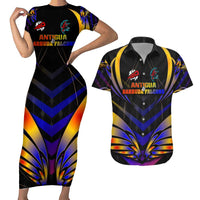 Personalised Antigua and Barbuda Cricket Falcons Couples Matching Short Sleeve Bodycon Dress and Hawaiian Shirt Wings of Glory