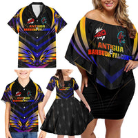 Personalised Antigua and Barbuda Cricket Falcons Family Matching Off Shoulder Short Dress and Hawaiian Shirt Wings of Glory