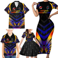 Personalised Antigua and Barbuda Cricket Falcons Family Matching Short Sleeve Bodycon Dress and Hawaiian Shirt Wings of Glory